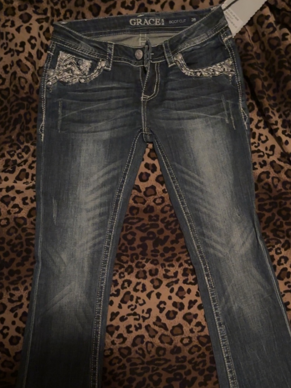 Grace in LA Medium Wash Embellished Bootcut Jeans Size 28